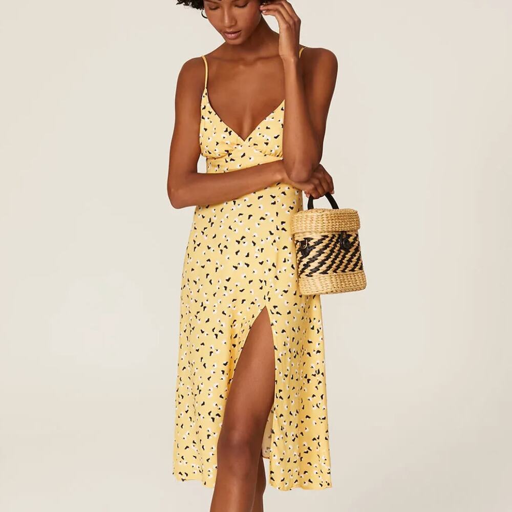 Amanda Uprichard Yellow Calico Midi Slip Dress XL Sundress Smocked Slit $242